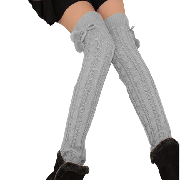Calcetines largos hasta la rodilla para mujer, de color liso, cálidos, con forma de masa, de bolas de lana y acrílicos.