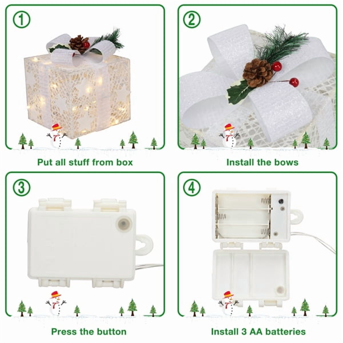 Alvantor 3-Piece Lighted Christmas Gift Box Set, 60 Warm White LEDs, 8 Modes, Battery Operated, White