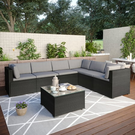 7 Piece Patio Furniture Set Outdoor Sectional Conversation With Soft Cushions And Coffee Table All Weather Wicker Rattan Seating Gray1 From Accuweather - All Weather Patio Furniture Set