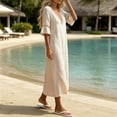 thumbnail image 7 of Ayolanni Cotton Summer Dresses for Women 2026 Short Sleeve Flutter Sleeve V-Neck Solid Maxi A-Line Dress Elegant Casual Hollow Out Flare Vacation Sundress Beige L, 7 of 7