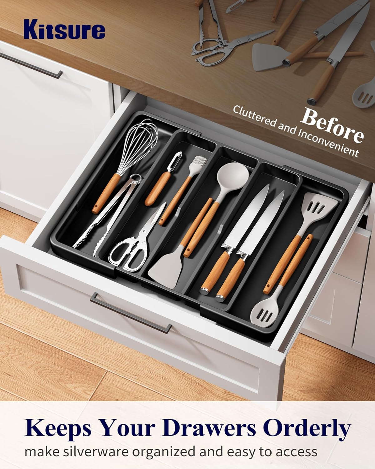 Expandable Silverware Organizer – Large Utensil Drawer Kitchen Organization with 5 Compartments, Easy-Clean, Home & Apartment Essentials, Black, 13.6" x 1.4"x 11.0"~19.9"