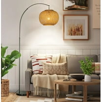 75" 1-Light Black Arc Floor Lamp with Hand-woven Bamboo Shade and Marble Base