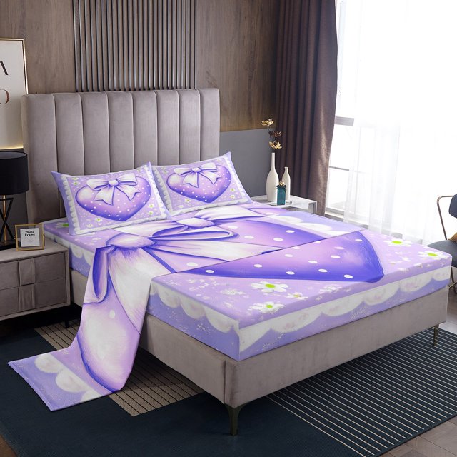 Erosebridal Love Heart Queen Sheet Sets, Cute Ribbon Bedding Queen Size, Cartoon Flower Decor, 4pcs