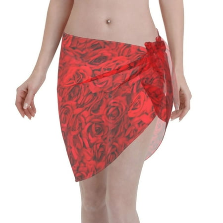 Adobk Women Beach Sarong Bathing Suit Red Rose Print Wrap Skirt Sheer Bikini Swimsuit Cover Ups For Swimwear