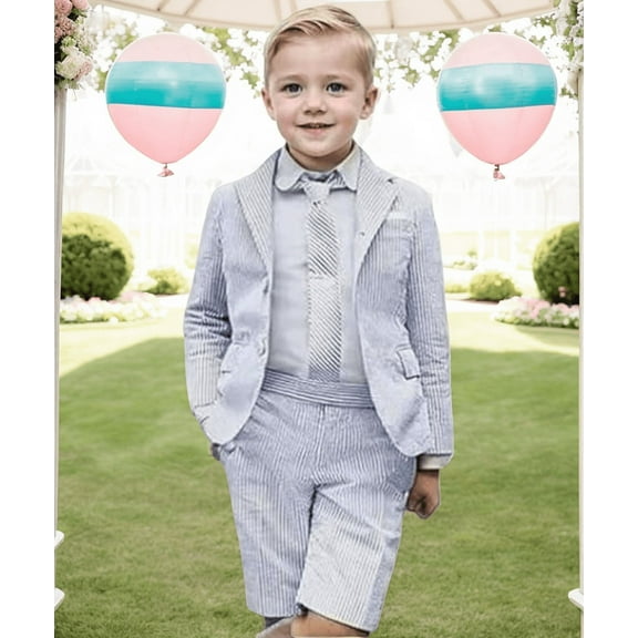 Lycody Boys Suits 2 Piece Casual Seersucker Stripe Blazer Short Pants Suit Kids and Teen Sport Coats Shorts Suit Outfits for Wedding travel , Adjustable Waist