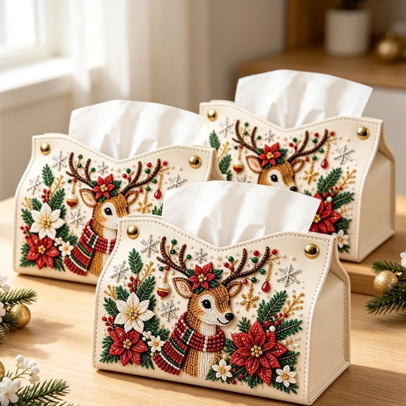 3 Pack Christmas DIY Pearl Diamond Art Tissue Box Cover Kit, PU Leather Decorative Tissue Holder, 5D Rhinestone Embroidery Craft Project for Adults, Holiday Home Table Decoration
