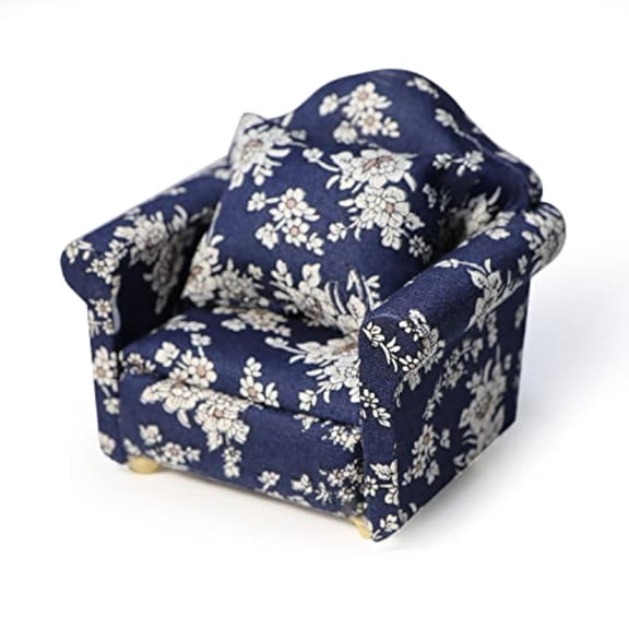 Dollhouse Couch with Pillow 1 12 Scale Miniature Sofa Arm Chair Living Room Furniture Wooden Fabric Frame Single Reading Chair Artificial House Room Scene Decoration (Blue)