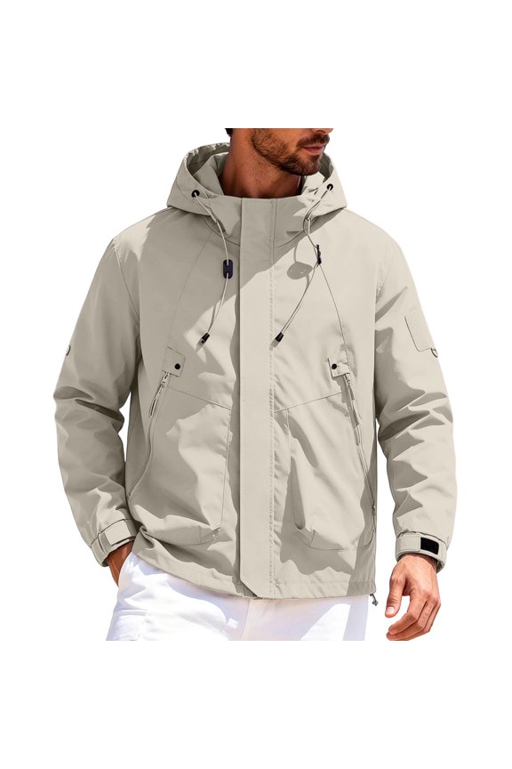 Men's Utility Cargo Hooded Jacket, Lightweight Wind Resistant Multi-Pocket Outdoor Work Coat, Drawstring Casual Outerwear for Hiking Fishing Daily Wear Red XXXL