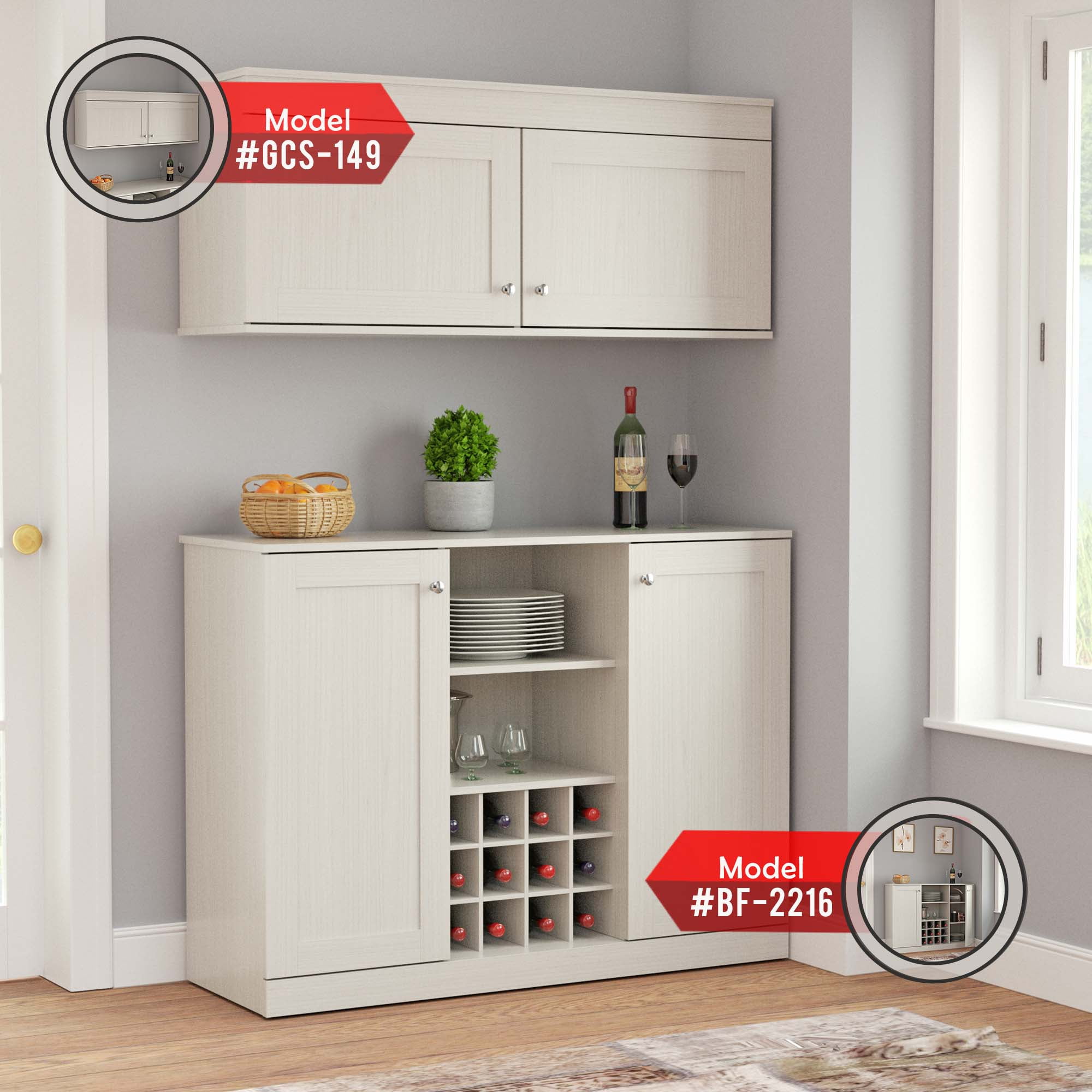 Inval Shaker Wall Mounted 2-Door Laminate Kitchen Cabinet 47"W, Washed Oak