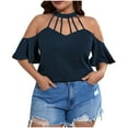 thumbnail image 2 of Olyvenn Stylish Women's Plus Size Cold Shoulder Halter Blouse Cut Out Ruffle Short Sleeve Shirt Tops Loose Casual Oversized Blouse Navy XXL, 2 of 8