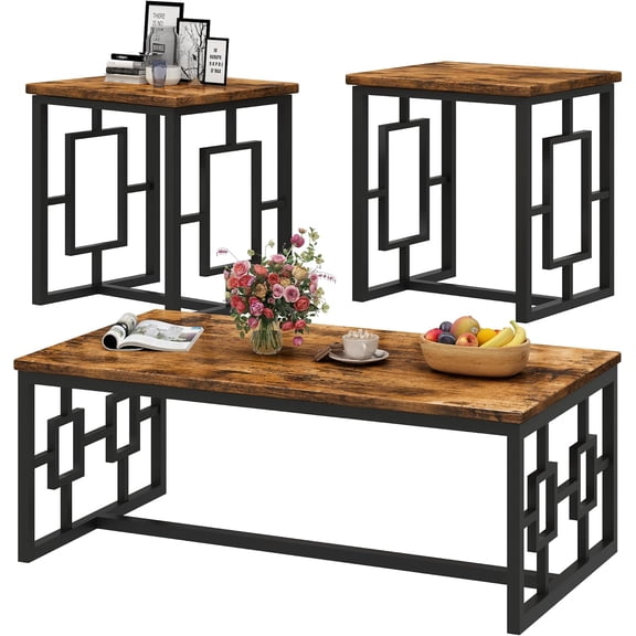 MIERES Rectangle Coffee Table and End Table Set of 3, Modern Vintage Dark Brown Coffee Table and Side Table for Living Room, Office, Apartment, Small Space