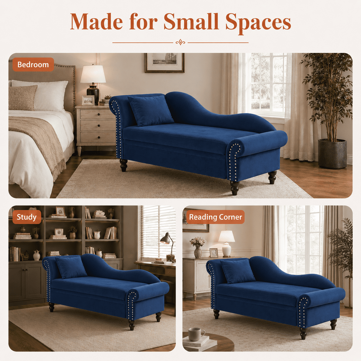 Aukfa 64.5" Modern Velvet Chaise Lounge with Storage, Left Armrest Lounge Sofa with Silver Nailhead Trim & Lumbar Pillow,Navy Blue