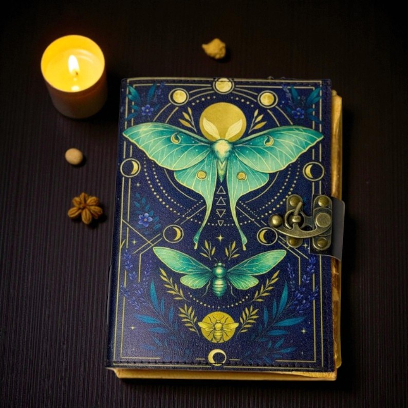 Luna Moth Leather Journal – 200 Pages Witchcraft Journal, Vintage Book of Shadows, Wiccan Pagan Gothic Witchy Magic Spellbook