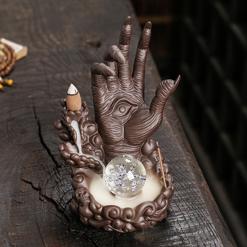 Buddha Hand Series Backflow Incense Burner Skull Incense Waterfall Holder Smoke Indoor Creative LED Ceramic Incense Cone Incense Burner Decoration Incense Burner Ornamen for Home Office Yoga Temple