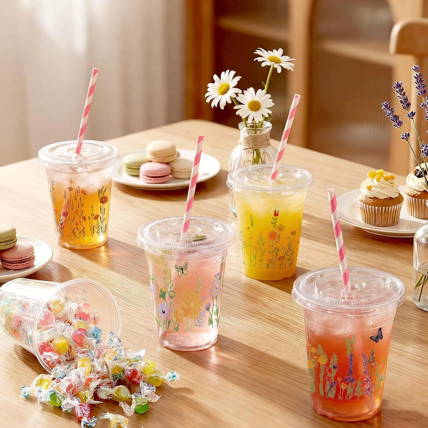 100 Pcs Wildflower Cups Plastic Disposable with Lids and Straws 12 oz Plastic Floral Butterfly Drinking Cups for Spring Summer Tea Party Wedding Baby Shower Bridal Shower Supplies