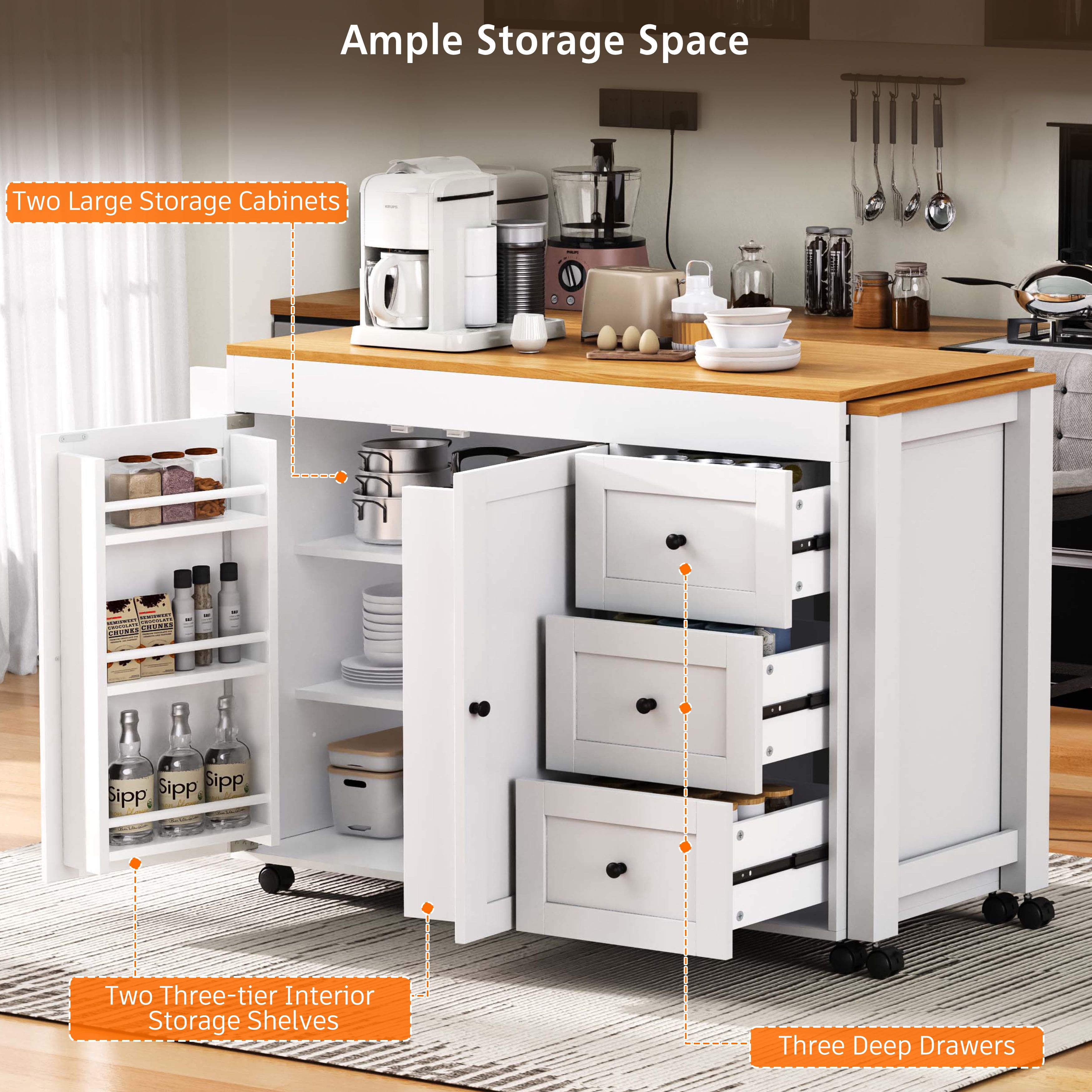 74.8-Inch Kitchen Island with Extendable Dining Table and Power Outlet, Rolling Kitchen Cart with 3 Drawers and Spice Rack for Kitchen, White