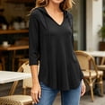 thumbnail image 3 of Women's Plus 3/4 Sleeve Tunic Tops Drawstring Hoodie V Neck Loose Fit Curved Hem Hooded Shirts to Wear with Leggings Fall Casual Outfits, Black, XXL, 3 of 10