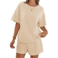 thumbnail image 2 of Short Sleeved 2 Pieces Waffle Knit Set Casual .loose Tops and Shorts Pants Lounge Sets, 2 of 6