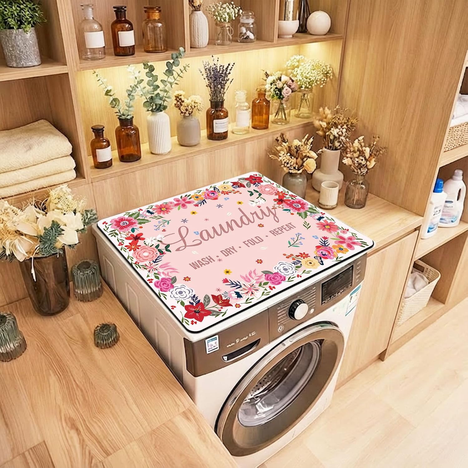 Non-Slip Washer & Dryer Top Cover Protector Mat Dust-Proof Washing Machine Cover Pad With Pink Floral Laundry Sign Design Universal 23.6"x19.7" for Laundry Room & Kitchen Decor