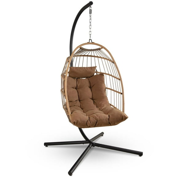 SereneLife Foldable Egg Chair with Stand – Hanging Rattan Wicker Swing for Indoor Outdoor Use – 350 lbs Capacity, Breathable Cushion & Headrest – Patio, Balcony, Porch, Bedroom Lounge Furniture