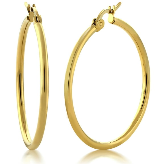 Gem Stone King 1.25 inch Stunning Stainless Steel Yellow Gold Plated Hoop Earrings for Women (30MM Diameter)