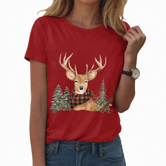 Duqingm Christmas Tshirts T Shirts for Women Short Sleeve Cotton Crewneck T-Shirt, Merry Christmas Cartoon Elk Color Light Tee Tops Casual Basic T-Shirt Red,L
