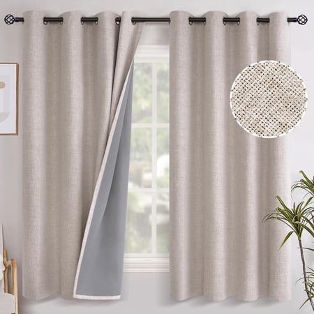 Linen Blackout Curtains 63 Inch Length for Bedroom Room Darkening Window Drapes with Grommet Thermal Insulated Black Out Blinds Living Room 2 Panels 52 X Inch Beige