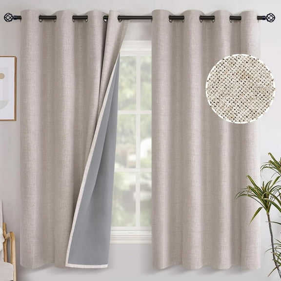 Linen Blackout Curtains 63 Inch Length for Bedroom Room Darkening Window Drapes with Grommet Thermal Insulated Black Out Blinds Living Room 2 Panels 52 X Inch Beige