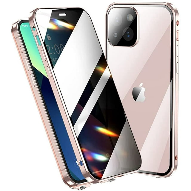 Lockable iPhone 12 Pro Max Anti-Peeping Case with Camera Lens Protector Privacy Screen Protector Strap Hole Aluminum Alloy Metal Bumper Case Double Lock Glass Case Cover (12ProMax, Black)Pink13ProMax