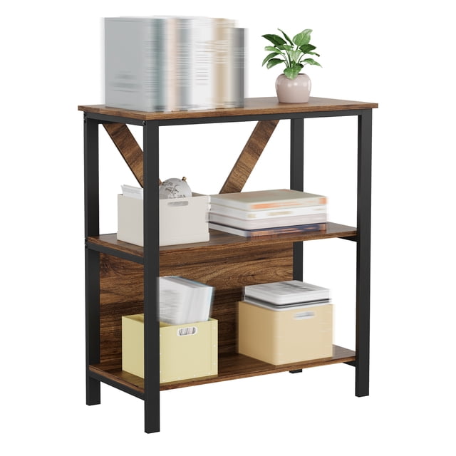 3 Tier Bookshelf with LED Lights, Bookcase with Open Display Shelves, Wood and Metal Standing Bookshelf with Storage Rack for Living Room Bedroom Home Office