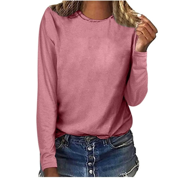 Mgmyaa Long Sleeve T-Shirts for Women Solid Casual Crew Neck Loose Basic Tee Top