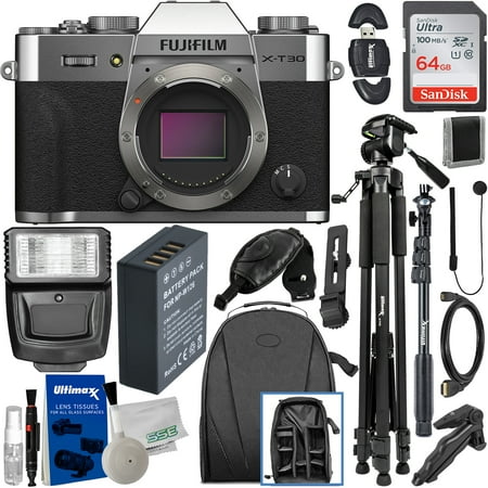 FUJIFILM X-T30 II Mirrorless Camera (Silver - Body Only) with Advanced Accessory Bundle: SanDisk 64GB Ultra SDXC, Spare Battery, 48” Monopod & Much More (22pc Bundle)