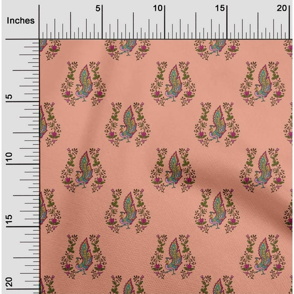 oneOone Silk Tabby Fabric Leaves|Floral & Peacock Block Printed Craft Fabric BTY 42 Inch Wide