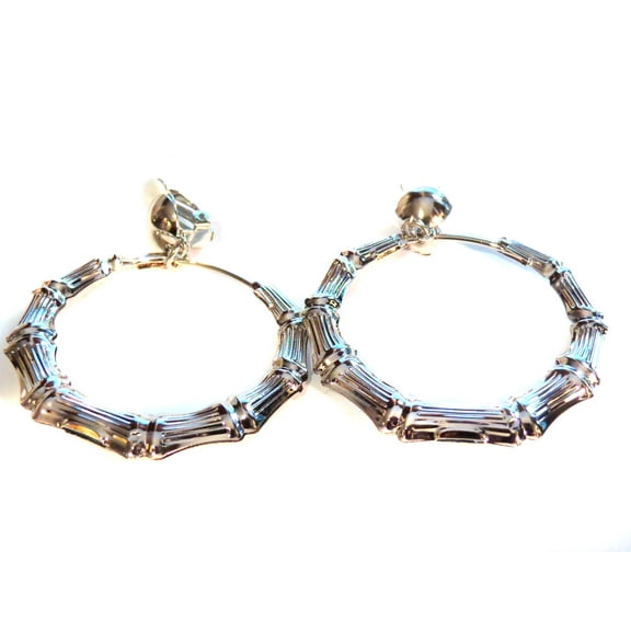 Clip-on Earrings Bamboo Silver Tone Hoop Earrings 2 inch Hoops Lightweight
