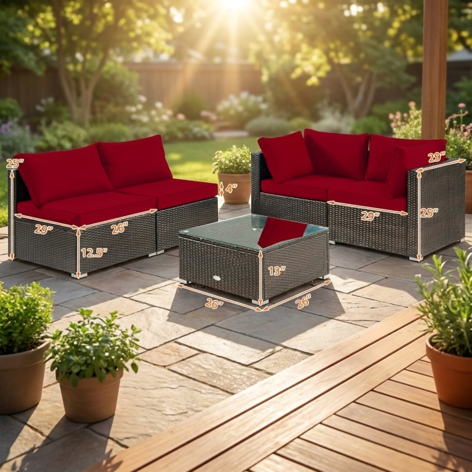 Furnibear 5 Piece Cushioned Patio Rattan Furniture Set with Glass Table, Outdoor Wicker Conversation Set with 4 Chairs for Garden Backyard, Red
