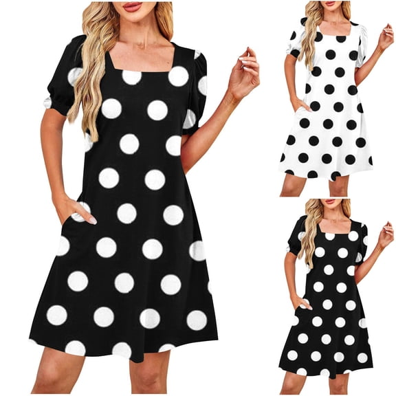 Ashirexll Womens Summer Dresses, Casual Dresses for Women, Fashion Printed Square Neck Short Sleeve Pocket Dress for All Occasion