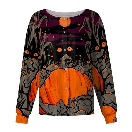 

PURJKPU Women Scrub Jacket Nurse Gifts Halloween Pumpkin Printed Scrub Tops O Neck Single-Breasted Working Jackets Long Sleeve Nursing Tops with Pockets Black 5XL