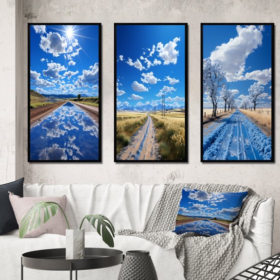 Designart "Road Reflection Blue Sky" Landscape & Nature Framed Wall Art Set Of 3 - Blue Road Frame Gallery Wall Set For Home Decor
