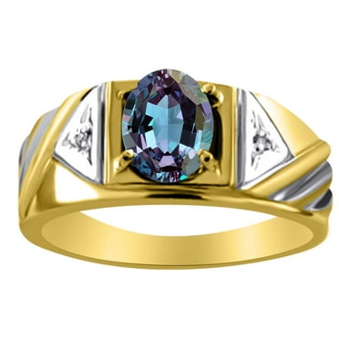 Mens Diamond & Simulated Alexandrite Ring 14K Yellow or 14K White Gold