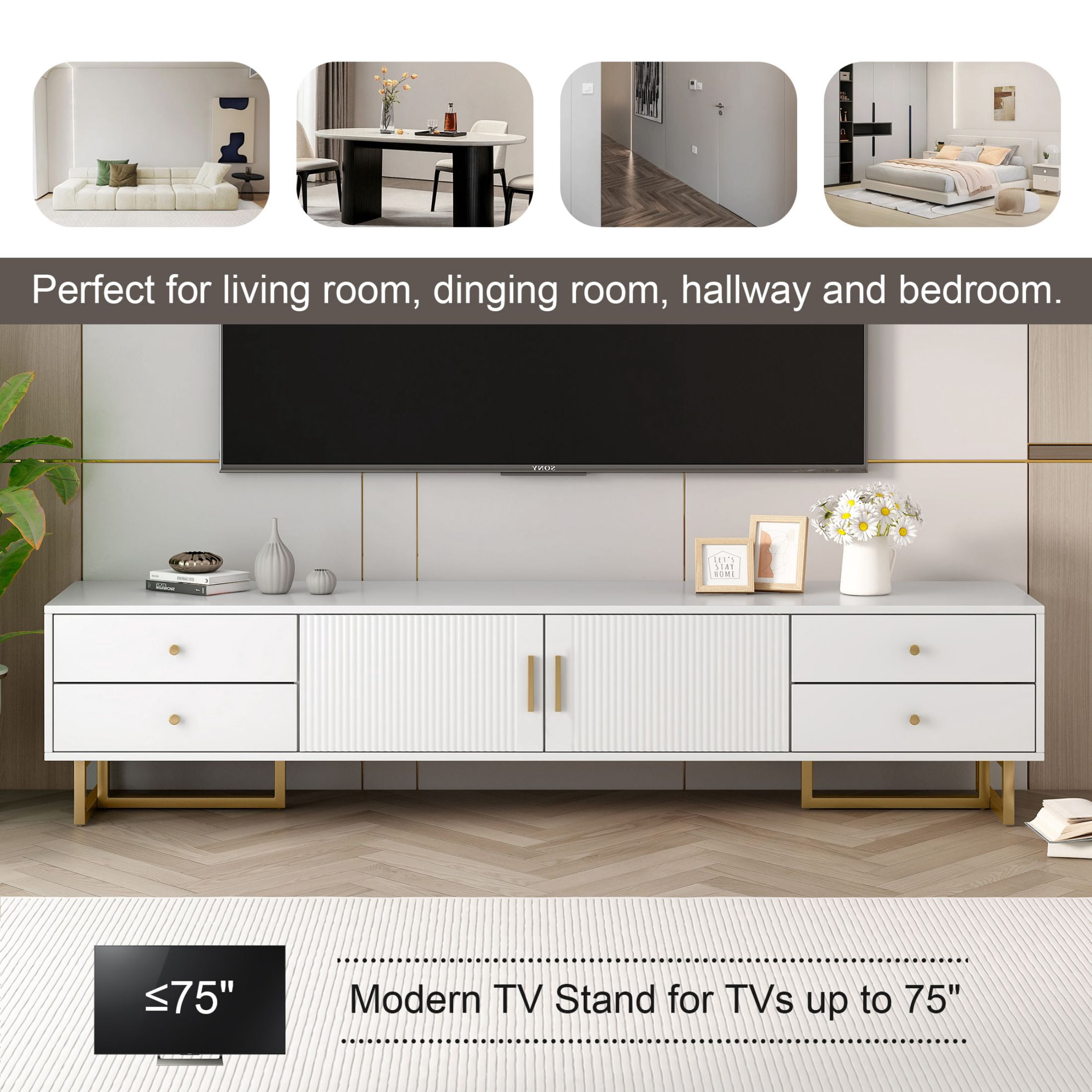 DEALTOPS Stylish TV Stand with 4 Drawers, Spacious Media Console with Metal Legs for TVs Up to 75'', White
