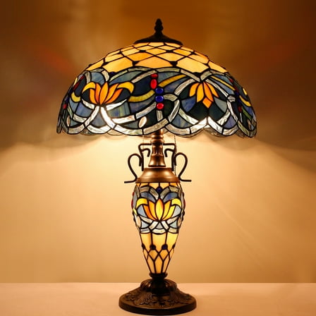 Tiffany Lamp with Nightlight Rustic Large Blue Stained Glass Lotus Table Lamp Desk 24" Tall Vintage Base Lover Living Room Bedroom Bedside Nightstand Home Office Family  Led Bulb Included