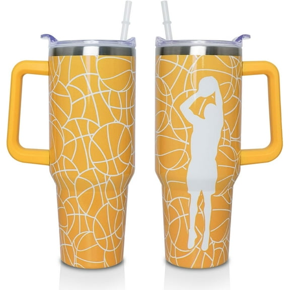 40 Oz Tumbler with Handle and Straw Lid, Basketball Fans Gifts Insulated Cup for Men Women, Double Stainless Steel Leak Proof Coffee Travel Mug, Red Water Bottle Birthday Gift for Him Her