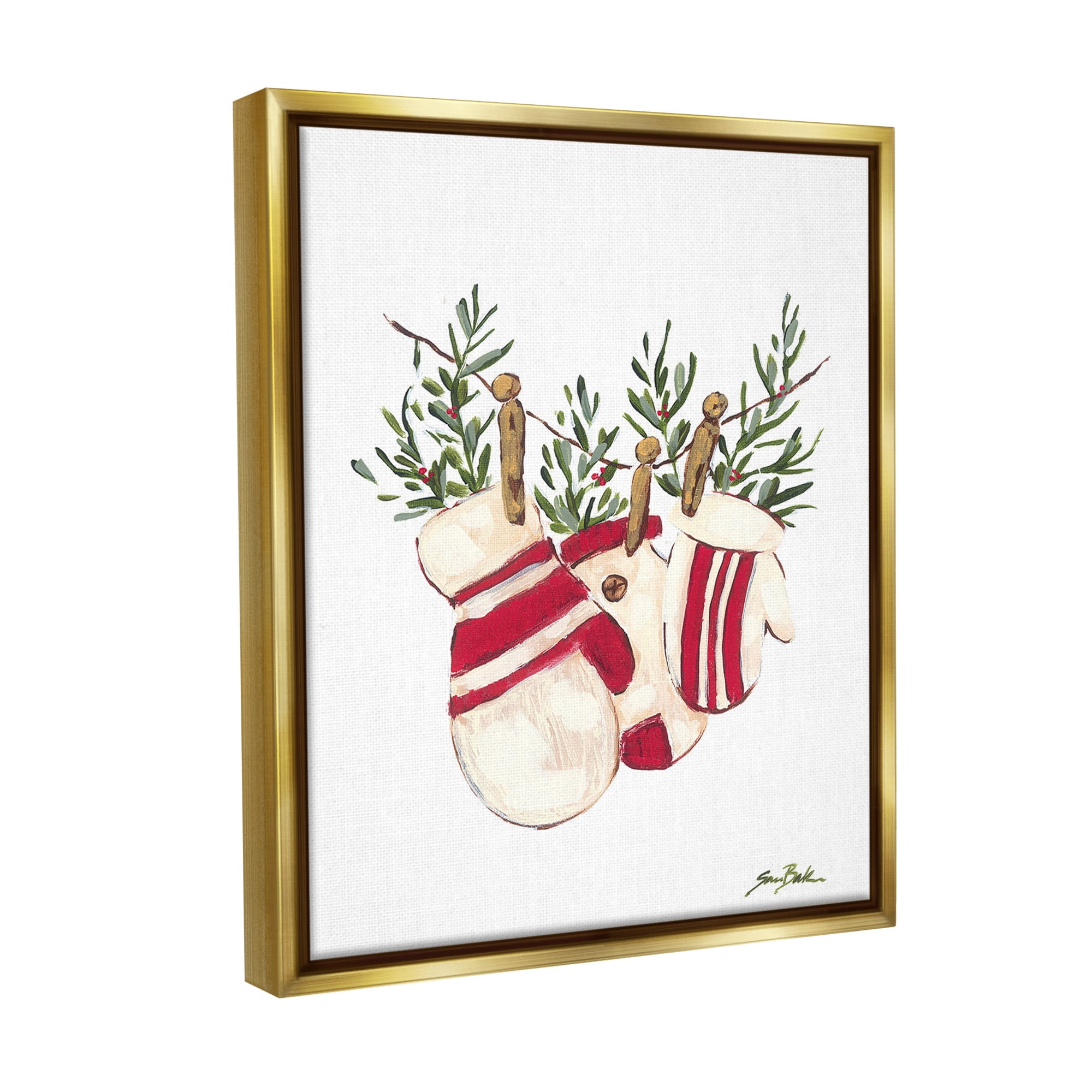Stupell Industries Winter Mittens on Clothesline Holiday Painting Gold Floater Framed Canvas Art Print Wall Art, 17 x 21