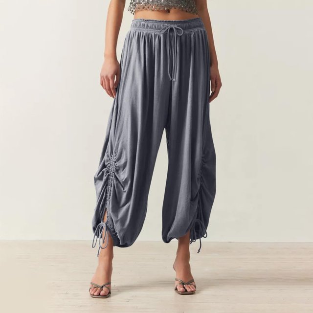 AherBiu Linen Pants Women Drawstring Wide Leg Low Waisted Capris with Pockets Loose Casual Trousers