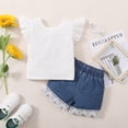 thumbnail image 4 of NZRVAWS Infant Baby Girl Summer Outfit Set Round Neck Ruffle Fly Sleeve Solid Color Top and Ripped Denim Shorts Set Baby Girl Clothes 12-18 Months, 4 of 8