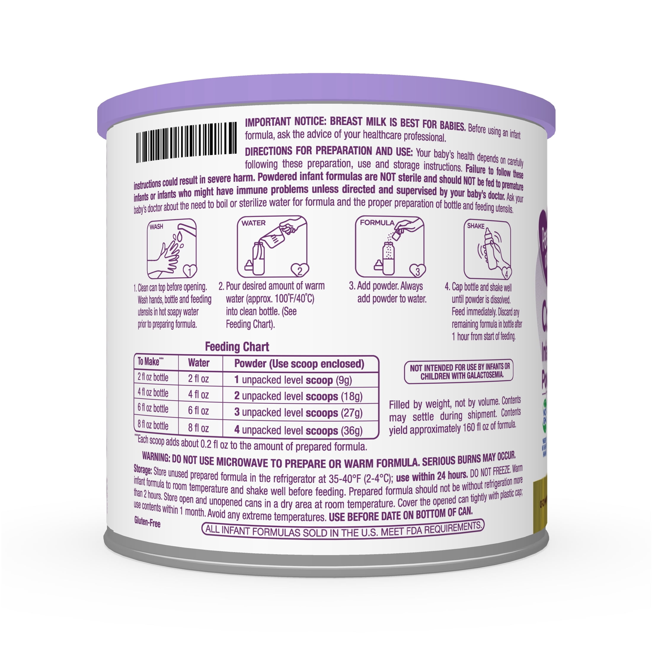Parent's Choice Complete Comfort Baby Formula Powder with Iron , 29.8oz, 4 count