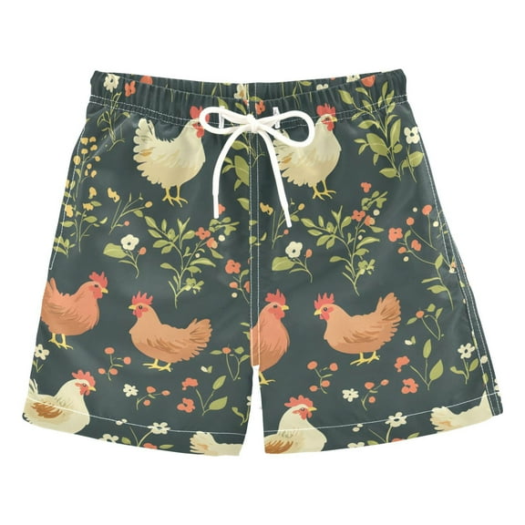 ALAZA Boys Swim Trunks Chicken Flower Beach Board Shorts Drawstring Swimsuit S