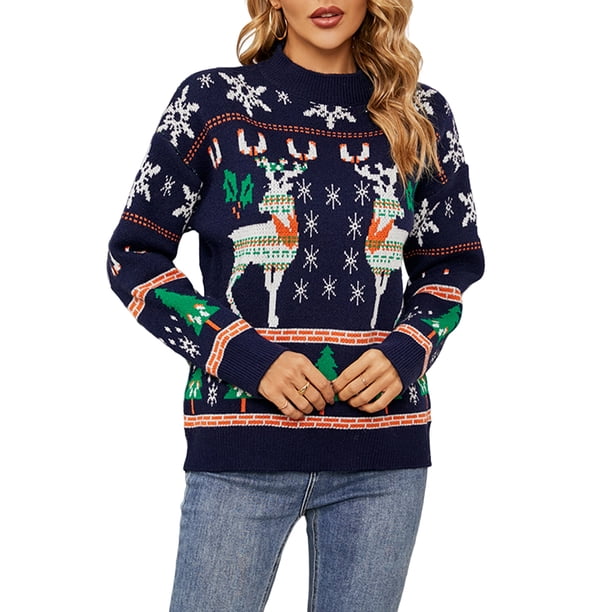 Suéter de punto de mujer Casual Elk Patrón de copo de nieve Cuello redondo Traje de vacaciones FLhrweasw Nuevo