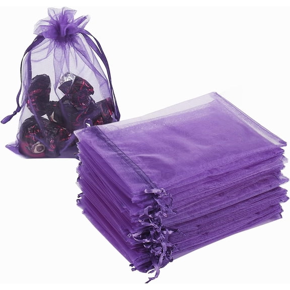NAMZI 100pcs Organza Bags, 5x7 inch Mesh Drawstring Gift Bags Jewelry Pouches for Christmas Candy Party Favor, Dark Purple
