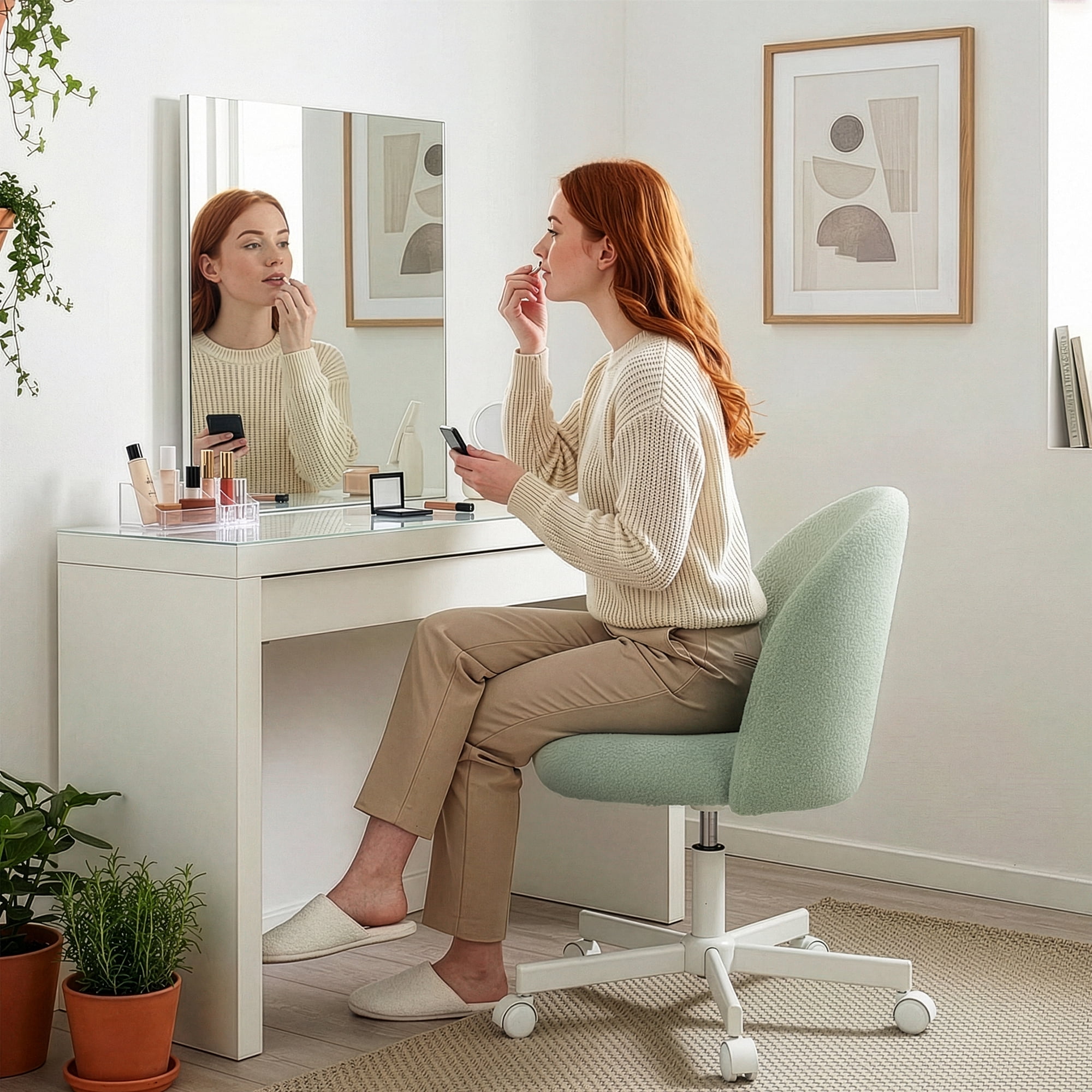 CELTOSS Home Office Desk Chair, Cute Teddy Fabric Swivel Vanity Stool, Mid Back Adjustable Armless Task Chair with Wheels, Green